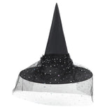 Black Witch Hat with Veil Wide Brim Wizard Hats Foldable Pointed Witches Hats