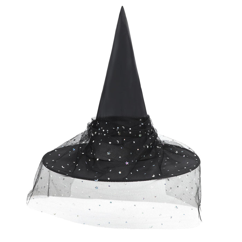 Black Witch Hat with Veil Wide Brim Wizard Hats Foldable Pointed Witches Hats