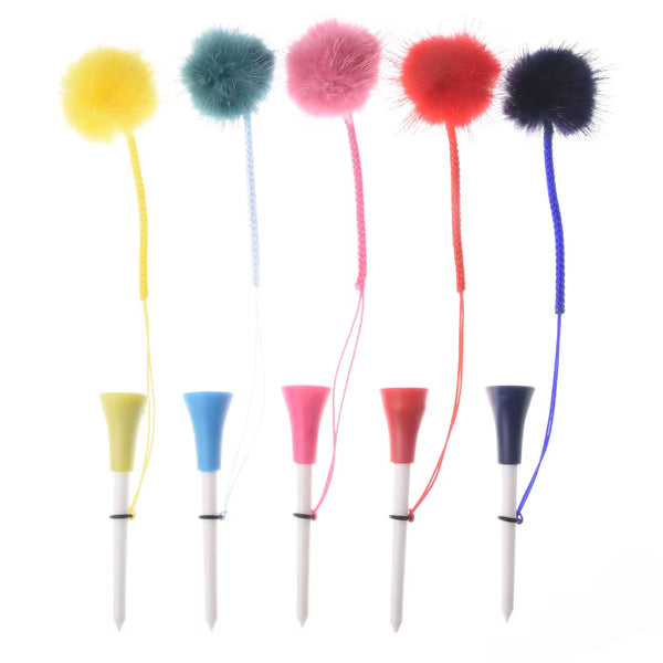5Pcs Golf Rubber Tees with 4Cm Imitation Mink Fur Plush Balls&Handmade Rope Prevent Loss Different Colors Golf Ball Holder