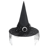 Black Witch Hat with Veil Wide Brim Wizard Hats Foldable Pointed Witches Hats