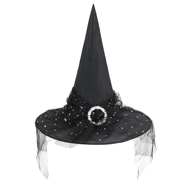 Black Witch Hat with Veil Wide Brim Wizard Hats Foldable Pointed Witches Hats