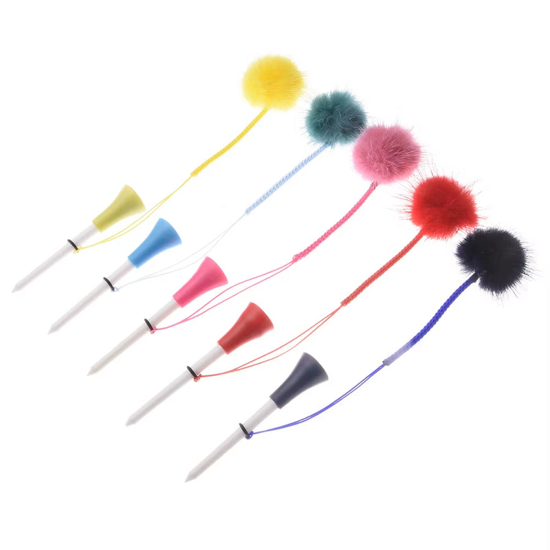 5Pcs Golf Rubber Tees with 4Cm Imitation Mink Fur Plush Balls&Handmade Rope Prevent Loss Different Colors Golf Ball Holder