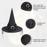 Black Witch Hat with Veil Wide Brim Wizard Hats Foldable Pointed Witches Hats